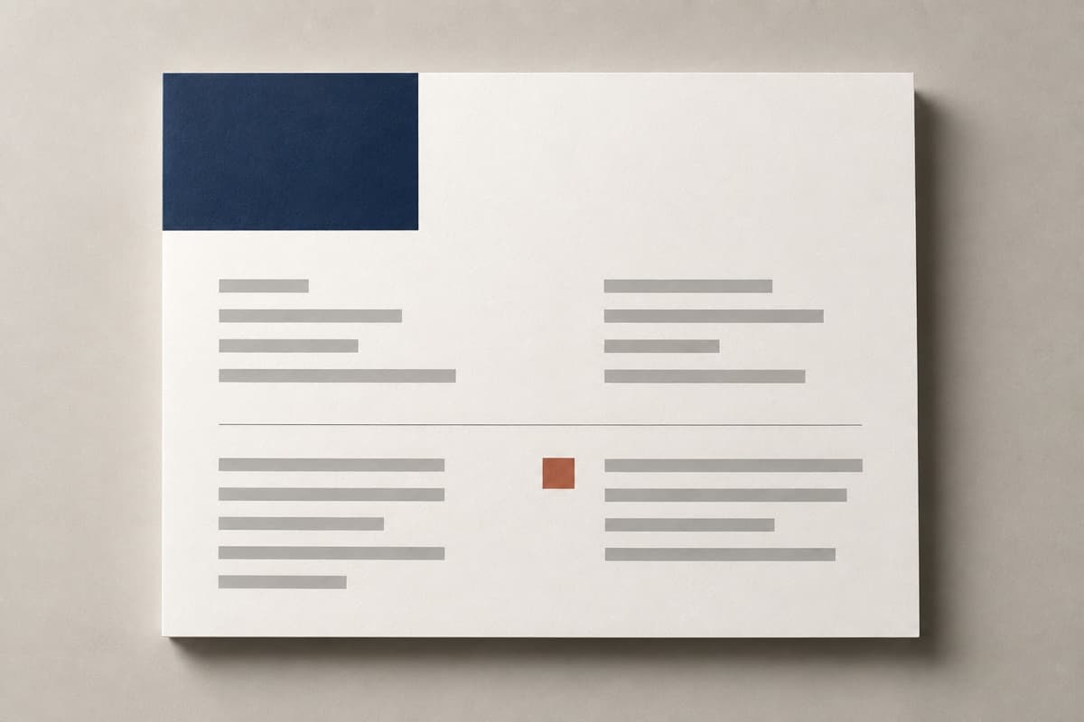 A thick sheet with a navy header block, wide margins and a clear hierarchy